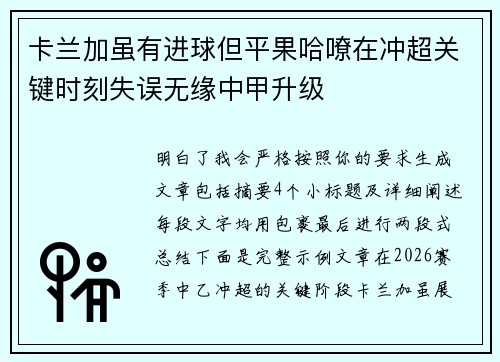 卡兰加虽有进球但平果哈嘹在冲超关键时刻失误无缘中甲升级 卡兰加虽有进球但平果哈嘹在冲超关键时刻失误无缘中甲升级