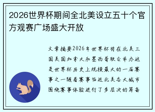 2026世界杯期间全北美设立五十个官方观赛广场盛大开放