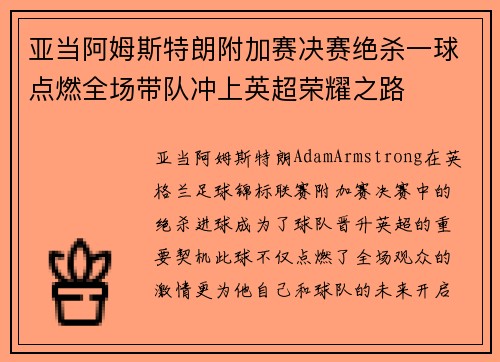 亚当阿姆斯特朗附加赛决赛绝杀一球点燃全场带队冲上英超荣耀之路