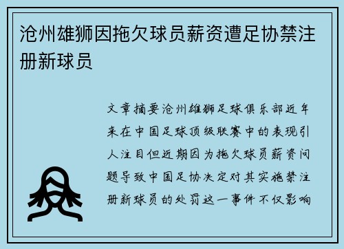 沧州雄狮因拖欠球员薪资遭足协禁注册新球员