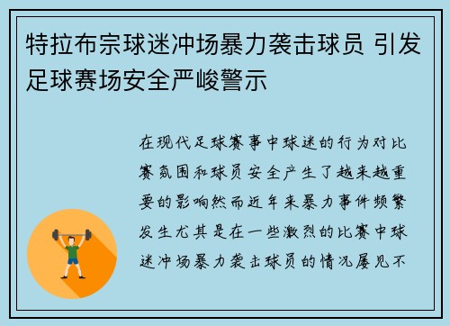 特拉布宗球迷冲场暴力袭击球员 引发足球赛场安全严峻警示 特拉布宗球迷冲场暴力袭击球员 引发足球赛场安全严峻警示